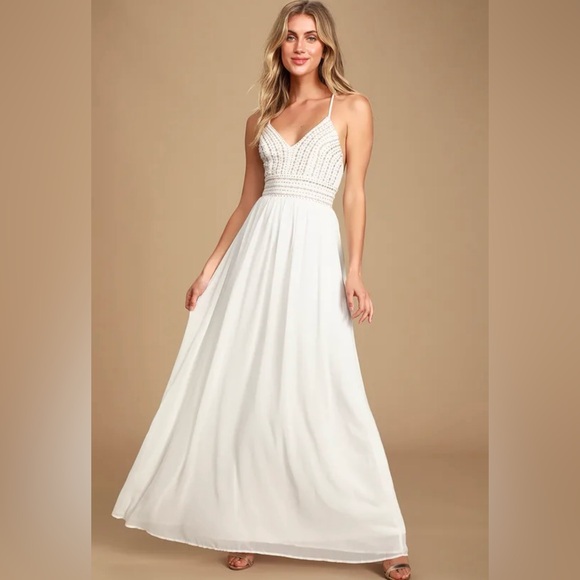 NO LONGER AVAILABLE Lulus Meet Me in Madrid White Beaded Maxi Dress Boho Size S - Picture 3 of 15